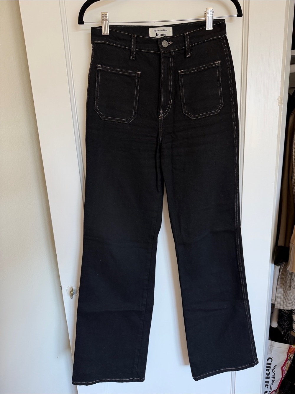 Reformation Washed Black AlyssaHigh-Waist Wide-Leg Jeans with Contrast Stitching